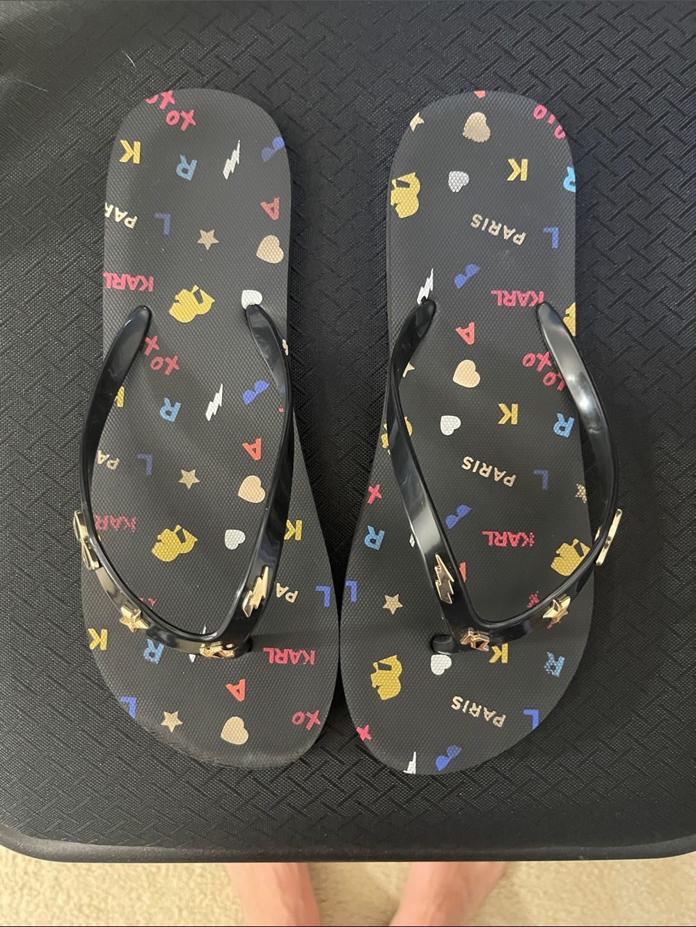 Karl Lagerfeld Black Logo Print Flip Flops